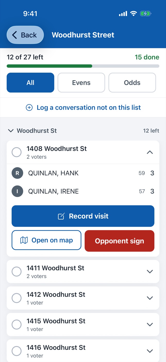 The walk list for Woodhurst Street: 12 of 27 houses left, with 1408 Woodhurst St open to show its two voters and the Record visit and Opponent sign buttons.